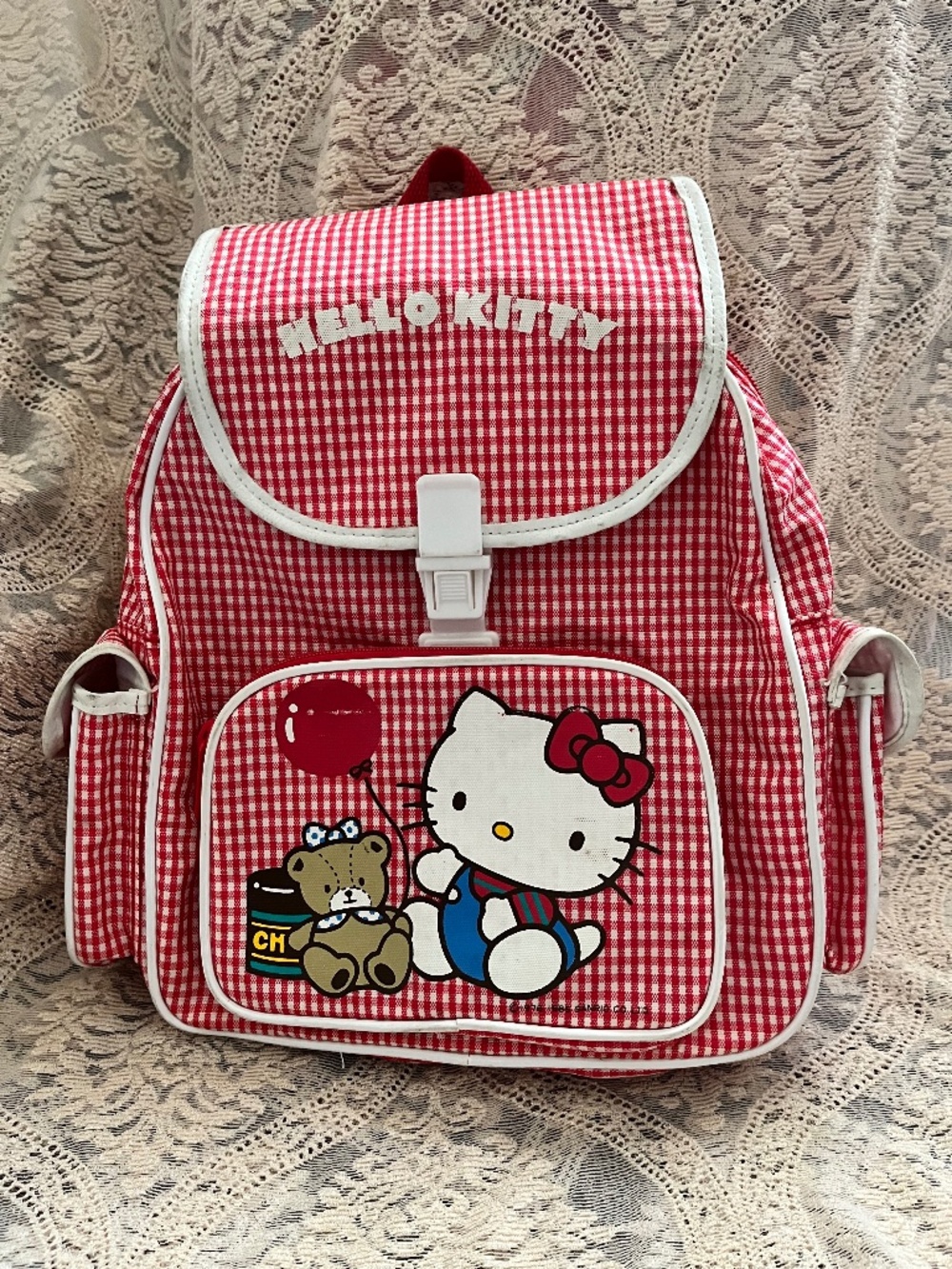 Vintage Hello Kitty checkered plaid kids backpack Sanrio 1985